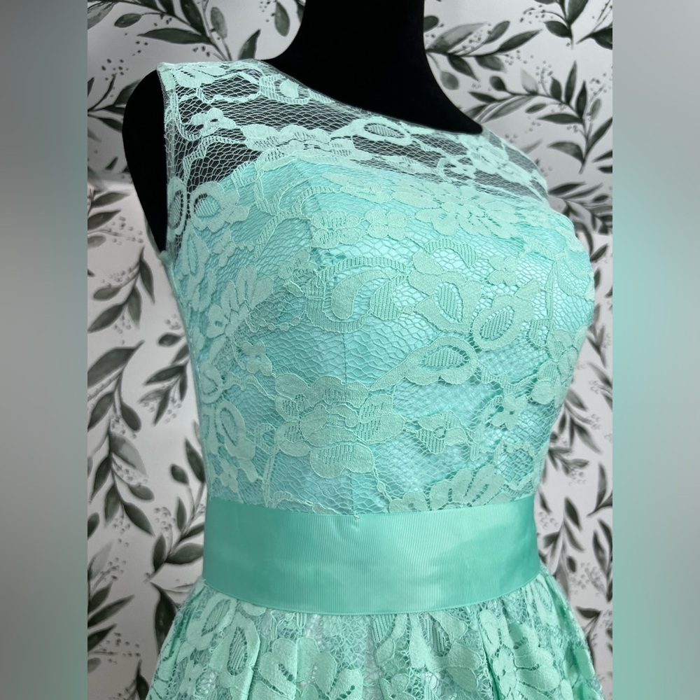 Elegant Lace Mint Green Prom Bridesmaid Cocktail Dress Sz XS Satin Waistband #D - Picture 6 of 16
